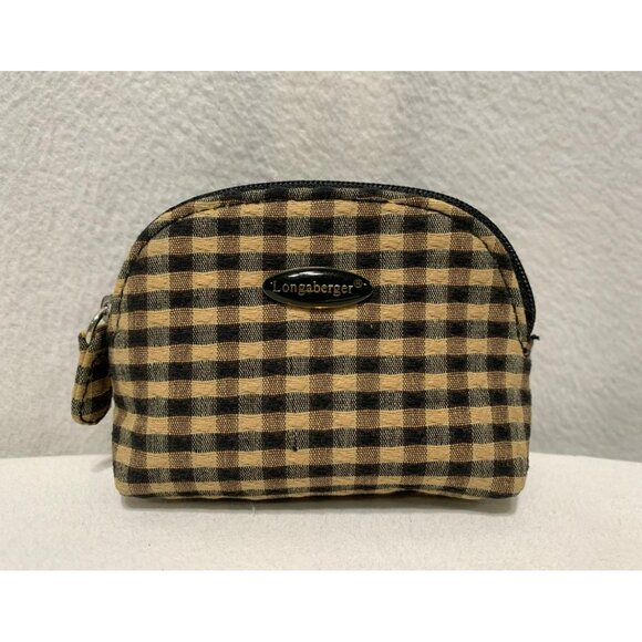 Longaberger Mini Zip Keychain Pouch Khaki/Tan Black Gingham - Picture 1 of 10